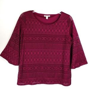 Women's Maroon Red 3/4 Sleeve Eyelet Top Blouse, Lined, Dana Buchman,Size Medium